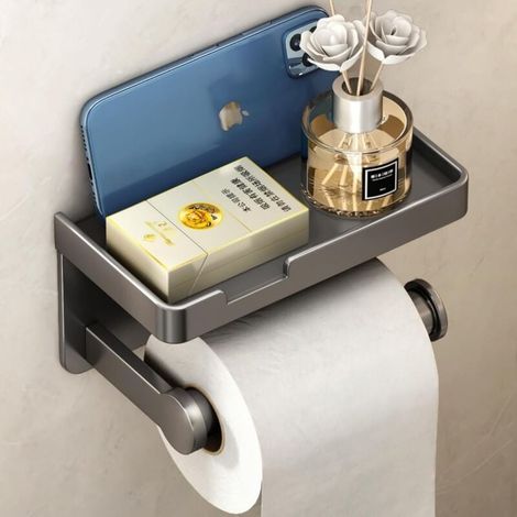Porte-papier toilette mural avec étagère, sans perçage (gris) (1/4)