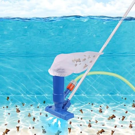 Kit de Nettoyage pour Piscine et Étang avec Aspirateur Manuel, Filet en Plastique Bleu et Manche en Aluminium pour Éliminer Feuilles (1/5)