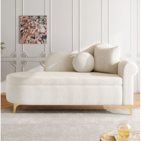 Méridienne 134x64x70 cm en tissu peluche beige ivoire, rangement caché, pour salon – MEUBLIV (1/5)