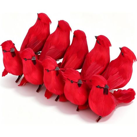 Oiseaux artificiels, 10 pièces, colibris décoratifs à plumes, avec clip métal, rouges pour jardin et sapin de Noël. (1/5)