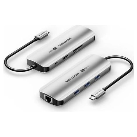 Docking USB Tipo-C Vention TQKHB/ 1xHDMI 4K/ 3xUSB/ 1xUSB Tipo-C PD/ 1xRJ45/ 1xLector de Tarjetas/ Gris