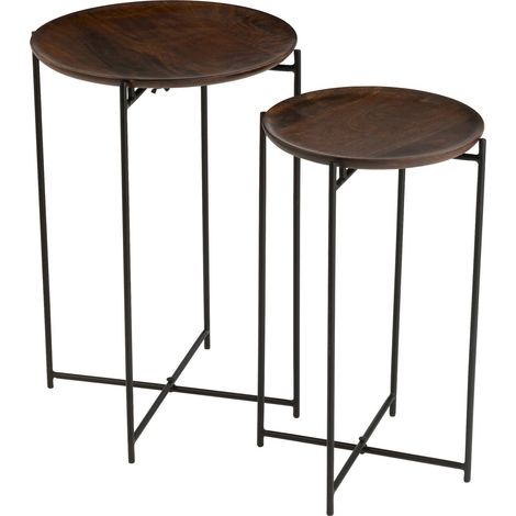 Table gigogne ronde métal et bois foncé style industriel élégant - Bois foncé et métal noir (1/5)