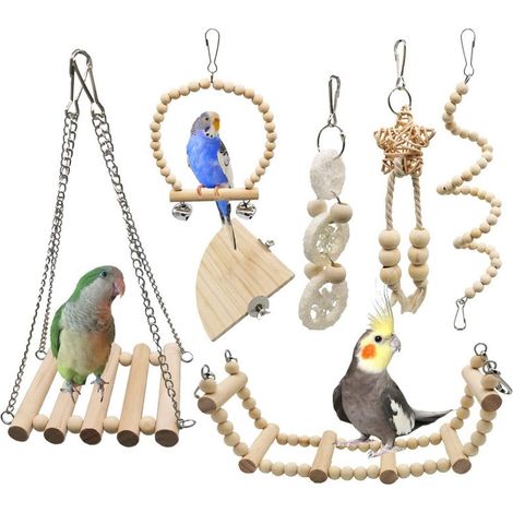 JANMIR-Jouets pour oiseaux, ensemble de 7 jouets à mâcher en bois naturel pour perroquets, clochettes suspendues, balançoires pour cage à oiseaux pour pinsons (1/5)