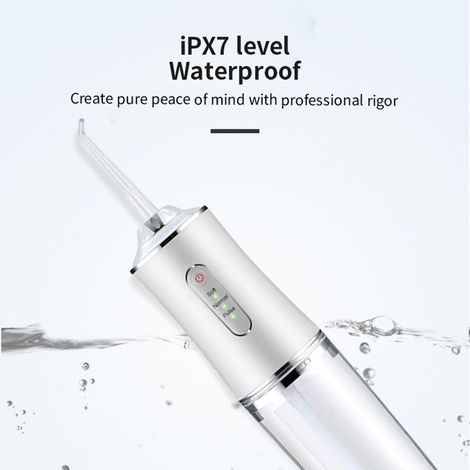 Hydropulseur dentaire électrique à 4 embouts, portable, pour le nettoyage des dents à domicile (blanc). (1/5)