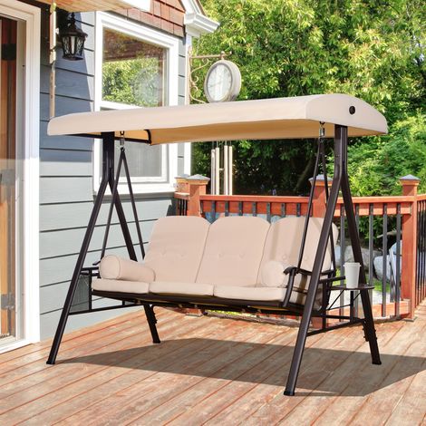 Balançoire 3 places Beige toit réglable porte gobelet coussins métal/polyester 208x121x172 cm
