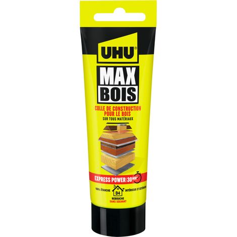 UHU Max Bois express - Colla per legno SMP, estremamente forte e rapida, resistente all'acqua, D4, senza solventi, bianca, tubo da 100g