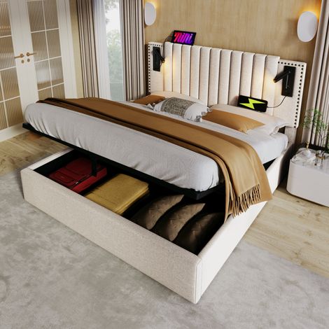 CHICFURN Letto contenitore 140x200 cm beige con luce da lettura e porte USB, senza materasso (1/5)