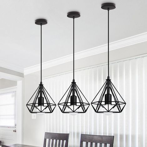 3X Lampada a Sospensione, Plafoniera in Industriale Stile con Ø20cm Gabbia di Diamante, Illuminazione con E27 per Soggiorno Cucina di Casa Ristorante Cafe (Nero)