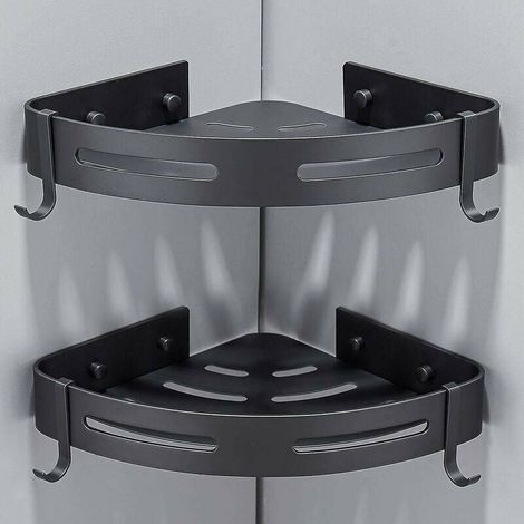 2er Set Eck-Duschregal ohne Bohren Badezimmer Dusche Aufbewahrung Badzubehör Duschseifenhalter kein Rost Aluminium mit Haken Schwarz (1/3)
