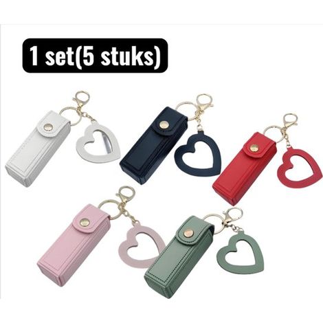 set(5 pièces) - Boîte de rangement - Organisateurs de maquillage - Porte-clés - Porte-rouge à lèvres portable - Petit miroir en forme de cœur - Porte-clés mignon protecteur de maquillage (1/5)