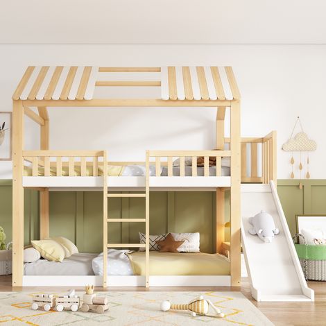 Lit superposé enfant 90x200 avec toboggan et étagère, lit maison blanc
