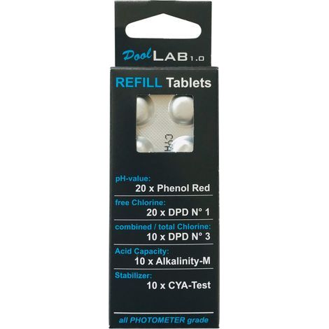 Kit de recharges pour testeur électronique de piscine – 20 x Rouge de Phénol pH 6,50-8,40 – 20 x DPD pour chlore 0-6 mg/l – 10 x Alcalinité-M 0-300 mg/l