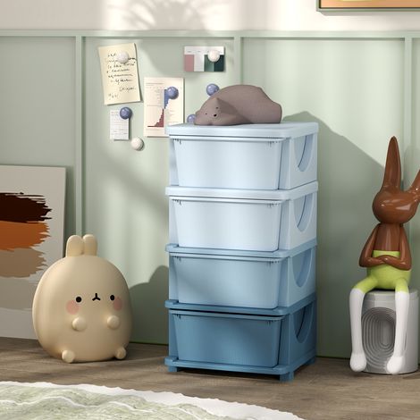 Torre contenitore per bambini con 4 cassetti, adatta a bambini dai 3 anni in su, con bordi arrotondati e maniglie, 37x37x76 cm, blu.