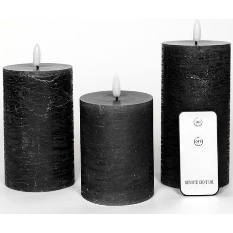Lot de 3 bougies LED, 7,5 cm de diamètre, bougie à flamme vacillante avec télécommande, NOIR, 15 cm + 12,5 cm + 10 cm de hauteur, bougies LED avec
