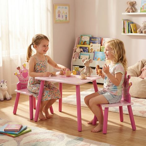 Ensemble table et 2 chaises à thème princesses pour chambre d'enfants en bois rose avec dossier en forme de couronne (1/5)