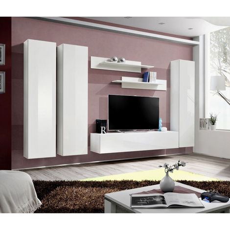 Ensemble meuble TV mural  - Fly I - 310 cm x 190 cm x 40 cm - Blanc et noir - Livraison gratuite