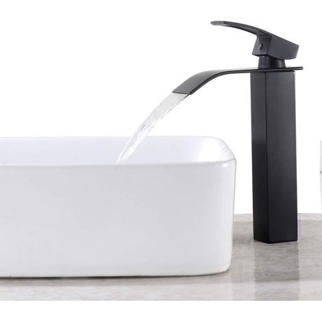 Robinet de Salle de Bain Cascade à Levier Unique Noir, Mitigeur de Lavabo Carré Laiton, Haut Mitigeur Vasque à Poser Eau Chaude et Froide (1/5)
