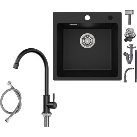Fregadero sobre encimera para cocina de 45×45cm Fregadero de granito negro antracita con grifo de cocina de agua fría Grifo de cocina de alta presión negro Altura 273 mm (1/4)