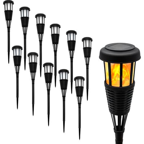 LED Solar Gartenfackel in Rattan Optik - 12er Set - Solarleuchte 48 x 10 cm mit Flackereffekt