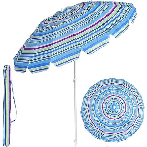 GOPLUS Parasol de Plage D222xH185CM Tête Inclinable avec Auvent/Sac/Bord Rabattu-16 Baleines en Fibre Verre-Pointe en Vrille-Bleu Claire (1/5)