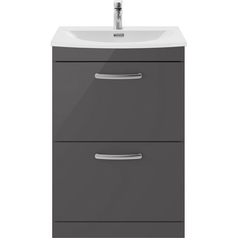Millwich Contemporary 2 Drawer Floor Standing Vanity Unit with Curved Basin, Gloss Grey, 600mm (1/4)