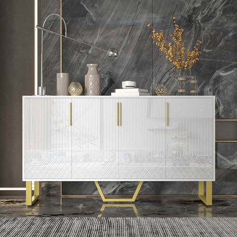 Buffet 140 x 40 x 80 cm blanc, 4 portes, finition brillante, motif géométrique, pieds et poignées en métal (1/5)