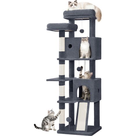 Arbre à Chat 152 cm, Tour à Chat pour Chats d'Intérieur avec Poteaux à Griffer en Sisal, Planche à Griffer, 2 Condos Confortables, 2 Perchoirs, Pompons, Lieu de Repos, Gris Foncé (1/5)