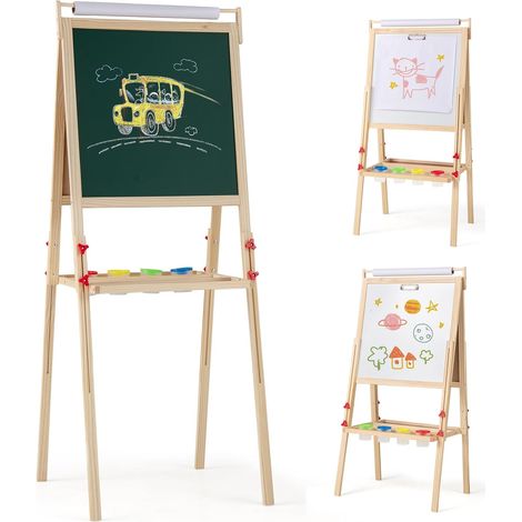 COSTWAY 3 en 1 Chevalet d'Art Enfant avec Tableau Noir & Blanc Magnétique, Tableau Enfant Double Face avec Hauteur Réglable & Rouleau de Papier, 4 Pots de Peinture pour Garçon Fille de 3-10 Ans (1/5)
