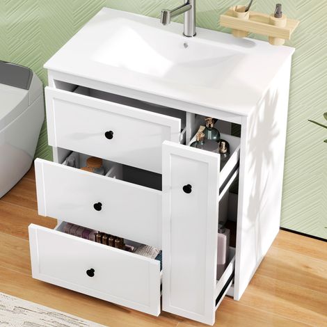 Meuble de salle de bain sur pied 76 x 46 x 82 cm avec vasque en céramique intégrée et 4 tiroirs de rangement en bois MDF laqué - Blanc (1/5)