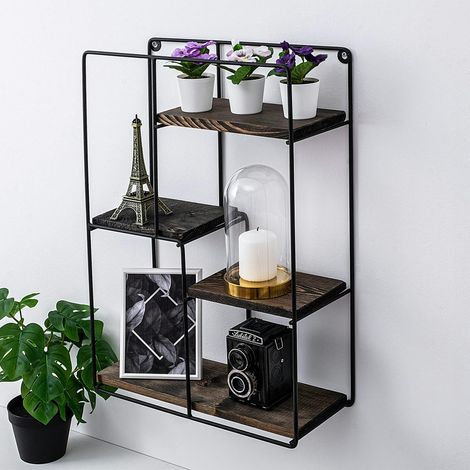 Étagère murale verticale 4 tablettes décor bois foncé JENA