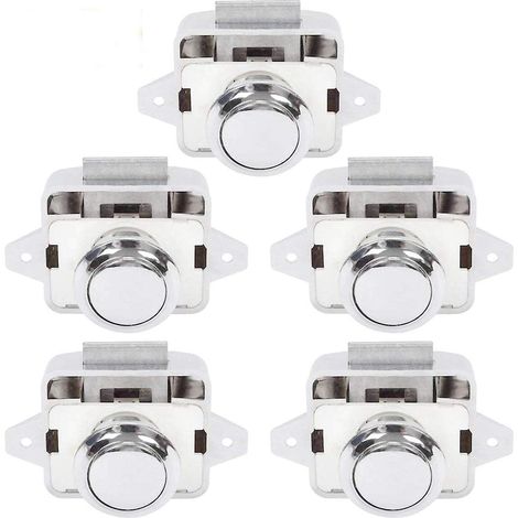 Ensemble de 5 pièces argentées comprenant un loquet de porte à bouton-poussoir et une poignée de placard pour camping-car ou caravane. (1/5)