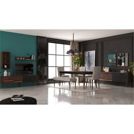 Comedor completo ROMAINE con 2 sillas y 1 banco nogal y negro