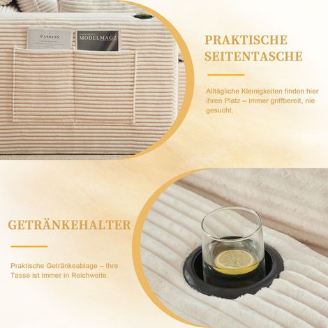 Canapé modulable 3 places avec repose-pieds, coussins, porte-gobelets & poches latérales — velours côtelé beige, mousse + ressorts — salon (1/4)