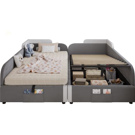 Lit Combiné Enfant 2 Places avec Coffre Hydraulique, Poche et Barrière Souple, 90 x 200 cm x2, Sans Matelas (1/5)
