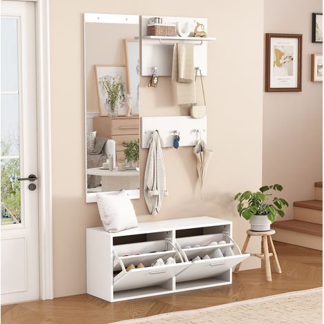Garderobenset 90x30x41.5 cm weiß aus Spanplatte mit Spiegel, Schuhschrank und 6 Haken (1/5)