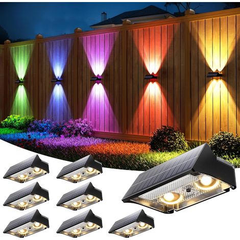 Lot de 4 lampes Solaires pour Extérieur, 9 Modes de Lampes Murales Solaires RGB Etanches vers le haut et vers le bas, Eclairage Solaire Puissant pour Clôture de Jardin, Patio, Porte (1/5)
