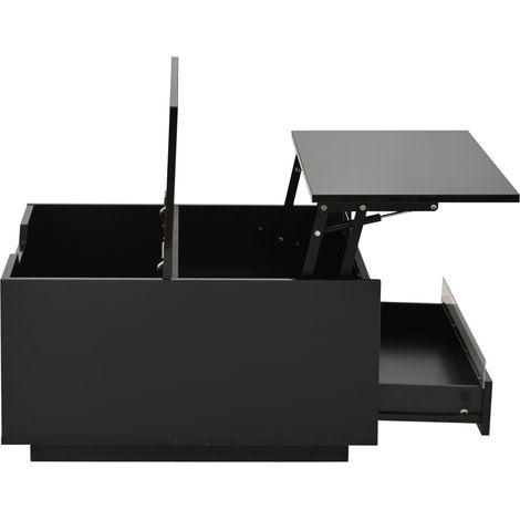 Quadratischer Couchtisch 70 x 70 x 38 cm, schwarz, mit Hebeplatte, LED und Schublade (1/5)