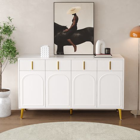 Fortuna Lai – Buffet blanc 140x37,8x82cm – 4 portes, 4 tiroirs, poignées et pieds dorés – MDF stratifié amovible – Étagères réglables (1/5)