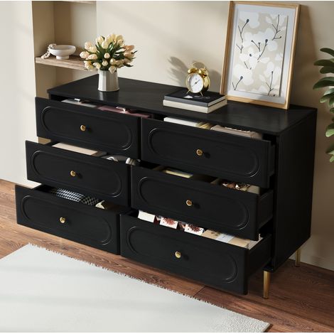 Aparador 120x40x75 cm negro en MDF y tablero de partículas con 6 cajones y patas metálicas (1/5)