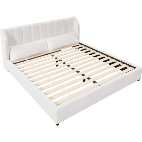 Cama plataforma tapizada 180 x 200 de terciopelo beige con somier de láminas HOMVRA (1/5)