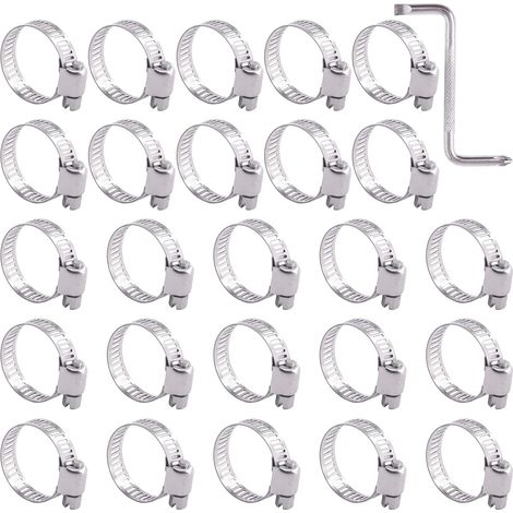 Lot de 25 colliers de serrage 16-25 mm 100 % acier inoxydable 304 réglable avec clé de serrage pour tuyau de carburant Parfait pour la plomberie, l'automobile (16-25 mm) (1/5)