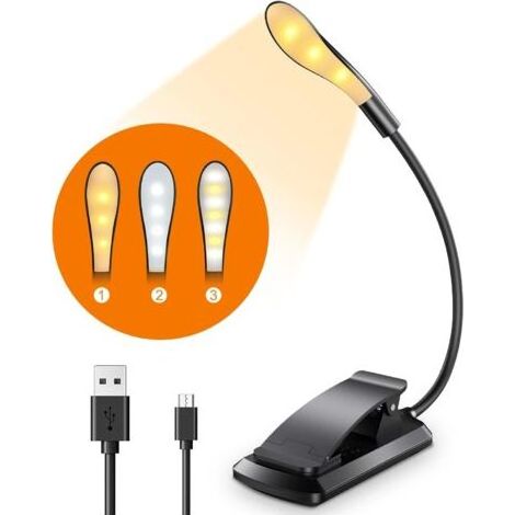 Leselampe, 7 LEDs, USB-wiederaufladbar, mit Klemmbefestigung und 9 Leuchtmodi (3 Farben: Warm, Kalt & Neutralweiß), 360° flexibler Hals, ideal zum Lesen vor dem Schlafengehen, für Kinder und beim Camp (1/4)