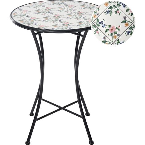 Tavolino da giardino in metallo stile ferro battuto piano con piastrelle in mosaico ceramica nero Collio