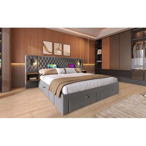 (=AB30098234G) Ensemble chambre à coucher complet. Lit double 180×200 cm, 2 tables de nuit et 4 tiroirs. Tête de lit avec lumière de lecture/USB. Velours gris, sans matelas. (1/5)