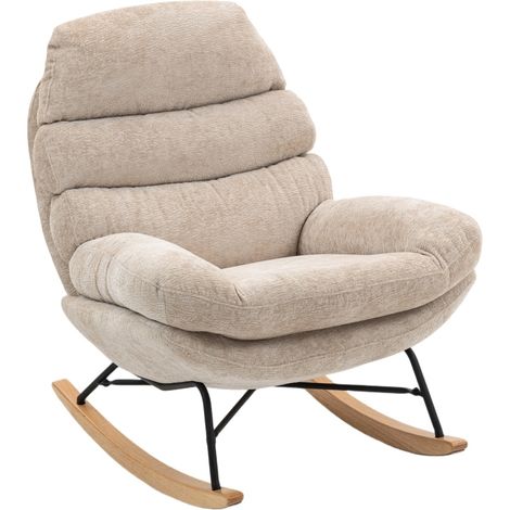 Sedia a dondolo imbottita con gambe in acciaio e base in legno, bianco crema (1/4)