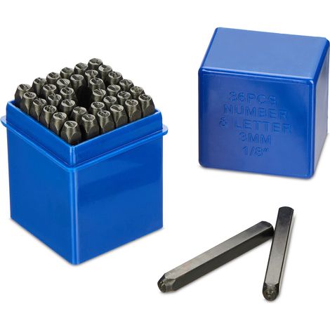 Relaxdays Set da 36 Punzoni Lettere A-Z e Numeri 0-9, Stampi in Rilievo 3 mm, Kit Timbro Incisione Metallo e Cuoio, Nero