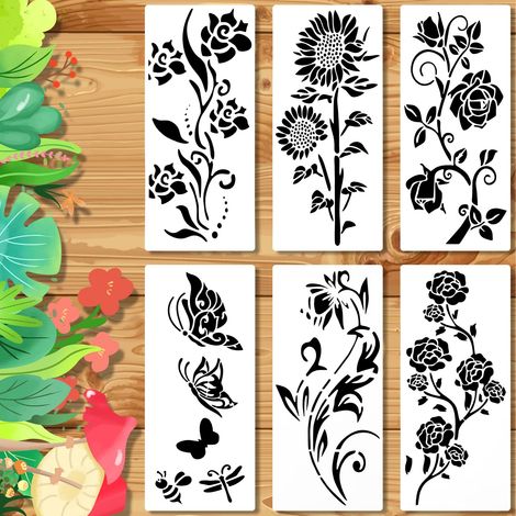 Lot de 6 pochoirs floral pour clôture de jardin, peinture en bois, pochoirs réutilisables pour travaux manuels et décoration intérieure (1/5)