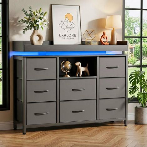Sideboard 108x30x82 cm mit 8 Stoffschubladen – Schmale Aufbewahrungskommode mit offener Ablage für Wohnzimmer und Esszimmer – Schwarz