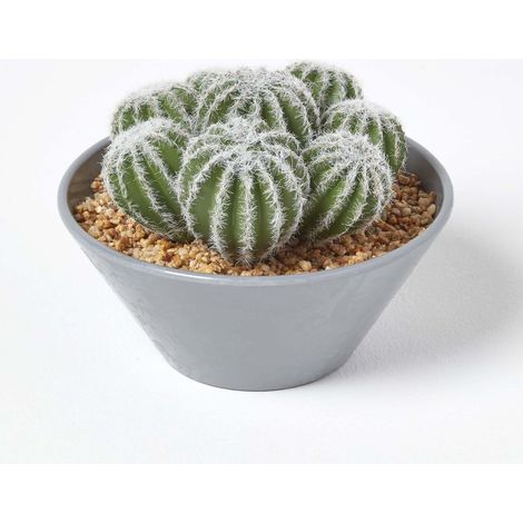 HOMESCAPES Artificial Barrel Cactus Arrangement in Round Grey Pot, 17 cm Tall (1/5)