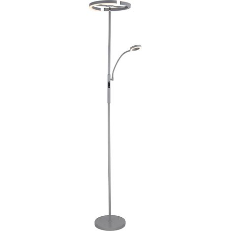 BEL AIR HOME Lámpara de pie IRIS Plata, metal, 175 cm alto, LED 20W+7W, dimmer, brazo de lectura orientable Luz regulable, diseño moderno, eficiencia energética para salón y lectura (1/3)